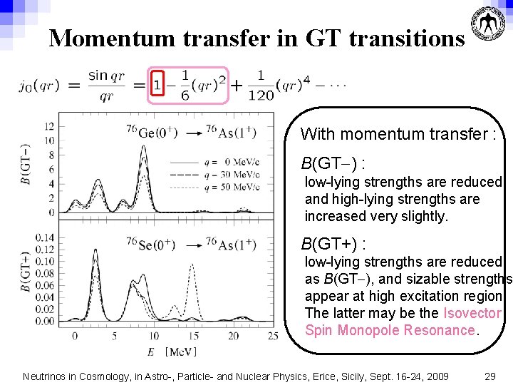 Momentum transfer in GT transitions With momentum transfer : B(GT-) : low-lying strengths are