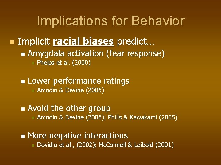 Implications for Behavior n Implicit racial biases predict… n Amygdala activation (fear response) n