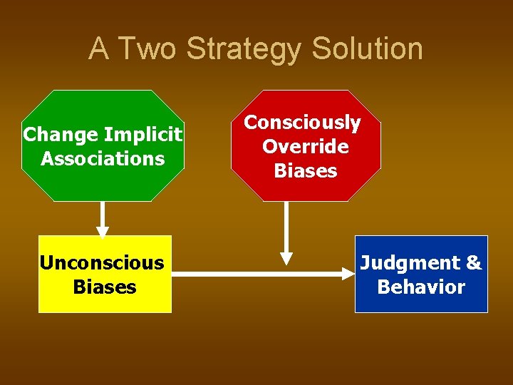 A Two Strategy Solution Change Implicit Associations Unconscious Biases Consciously Override Biases Judgment &