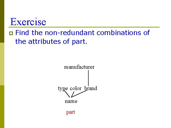 Exercise p Find the non-redundant combinations of the attributes of part. manufacturer type color