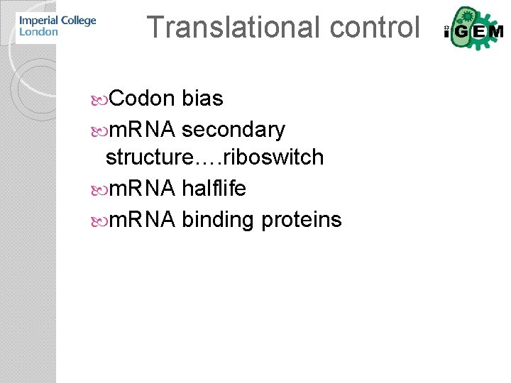 Translational control Codon bias m. RNA secondary structure…. riboswitch m. RNA halflife m. RNA