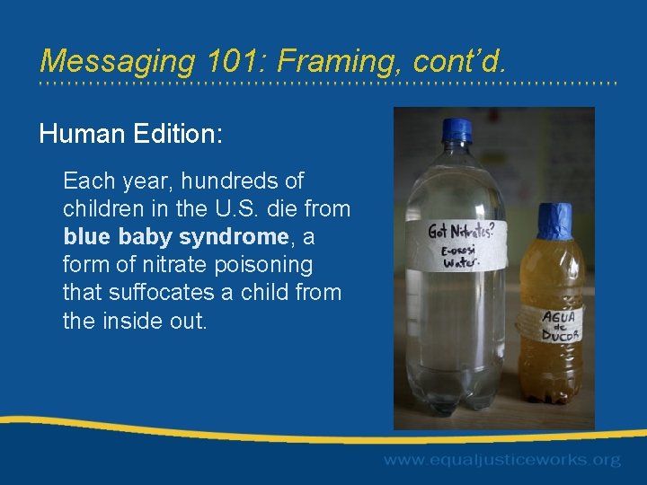 Messaging 101: Framing, cont’d. Human Edition: Each year, hundreds of children in the U.