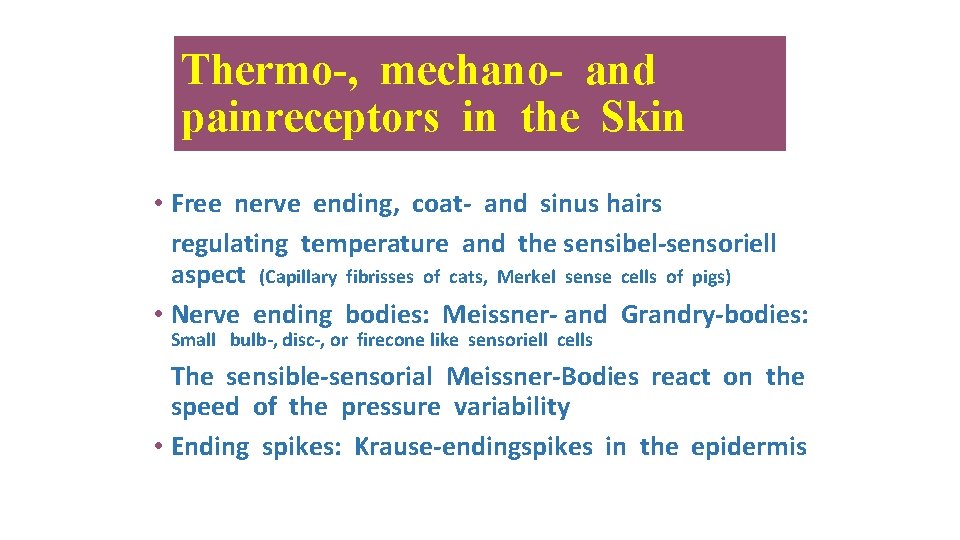 Thermo-, mechano- and painreceptors in the Skin • Free nerve ending, coat- and sinus