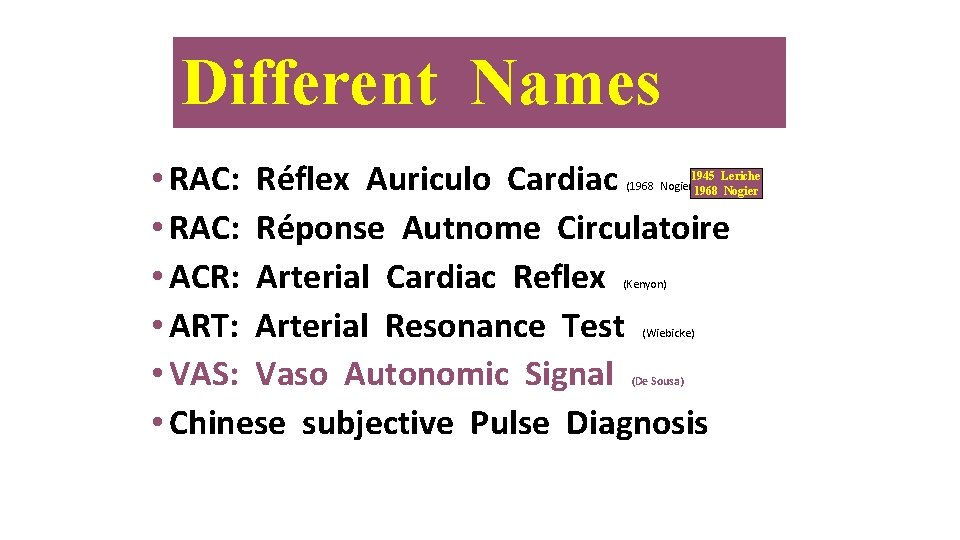 Different Names • RAC: Réflex Auriculo Cardiac • RAC: Réponse Autnome Circulatoire • ACR: