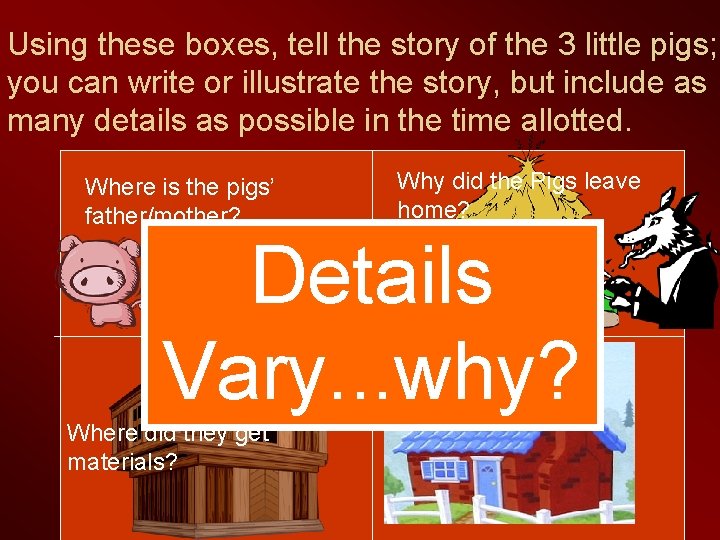 Using these boxes, tell the story of the 3 little pigs; you can write