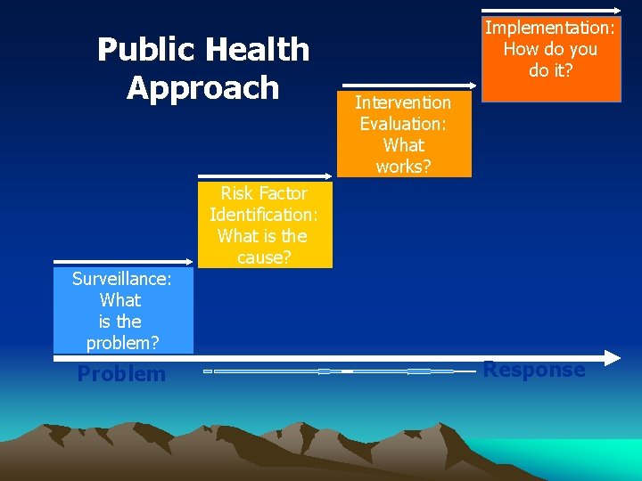 Public Health Approach Surveillance: What is the problem? Problem Implementation: How do you do