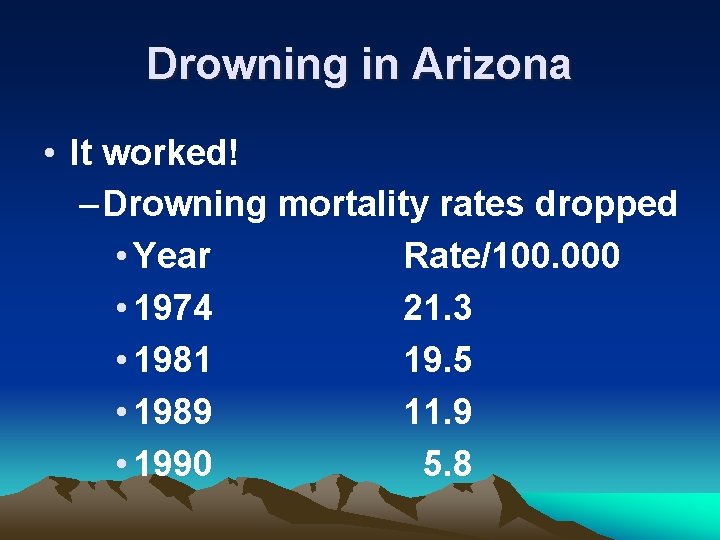 Drowning in Arizona • It worked! – Drowning mortality rates dropped • Year Rate/100.