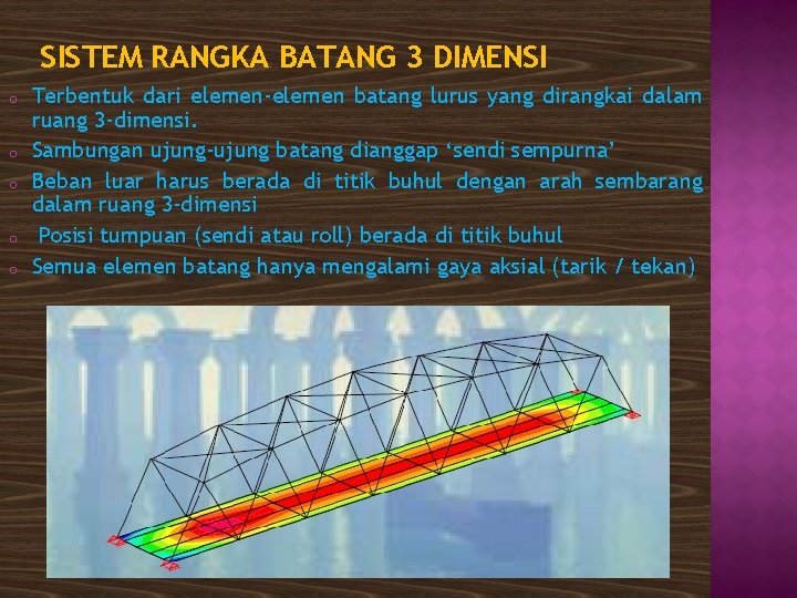 SISTEM RANGKA BATANG 3 DIMENSI o o o Terbentuk dari elemen-elemen batang lurus yang