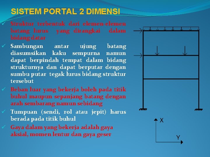 SISTEM PORTAL 2 DIMENSI ü Struktur terbentuk dari elemen-elemen batang lurus yang dirangkai dalam