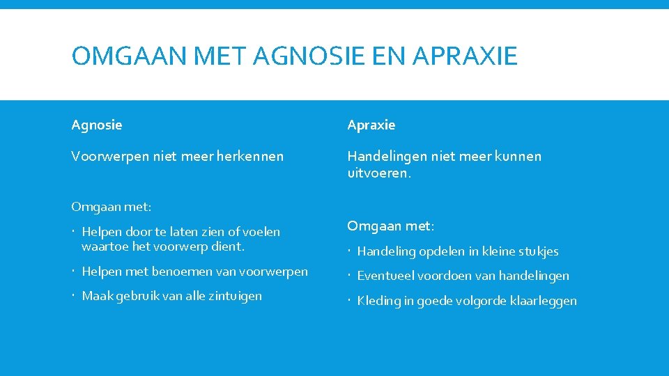 OMGAAN MET AGNOSIE EN APRAXIE Agnosie Apraxie Voorwerpen niet meer herkennen Handelingen niet meer