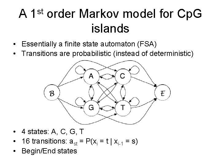 A 1 st order Markov model for Cp. G islands • Essentially a finite