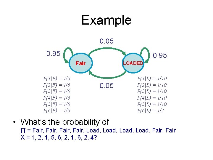 Example 0. 05 0. 95 Fair P(1|F) = 1/6 P(2|F) = 1/6 P(3|F) =
