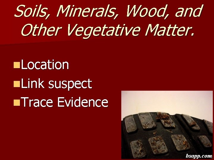 Soils, Minerals, Wood, and Other Vegetative Matter. n. Location n. Link suspect n. Trace