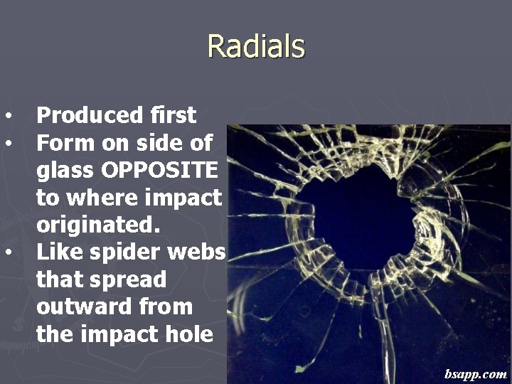Radials • • • Produced first Form on side of glass OPPOSITE to where