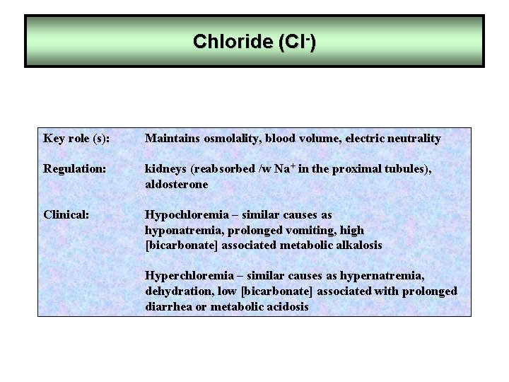 Chloride (Cl-) Key role (s): Maintains osmolality, blood volume, electric neutrality Regulation: kidneys (reabsorbed