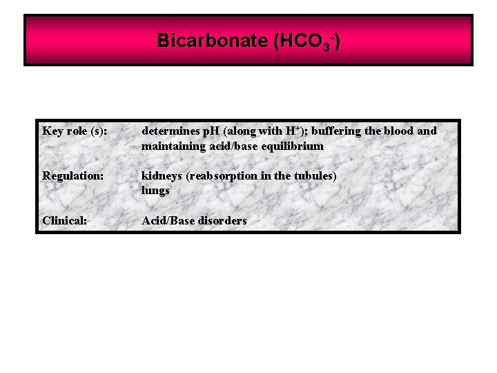 Bicarbonate (HCO 3 -) Key role (s): determines p. H (along with H+); buffering