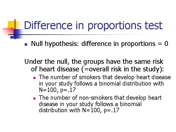 Difference in proportions test n Null hypothesis: difference in proportions = 0 Under the