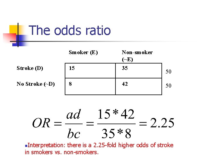 The odds ratio Smoker (E) Stroke (D) 15 Non-smoker (~E) 35 No Stroke (~D)
