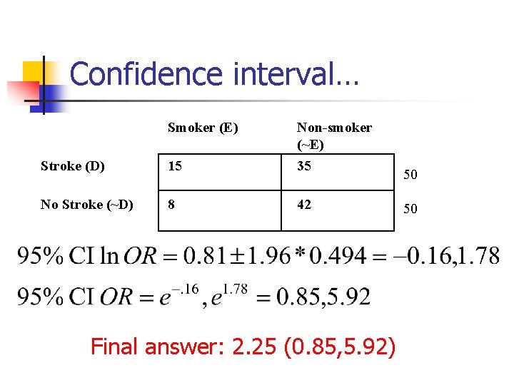 Confidence interval… Smoker (E) Stroke (D) 15 Non-smoker (~E) 35 No Stroke (~D) 8