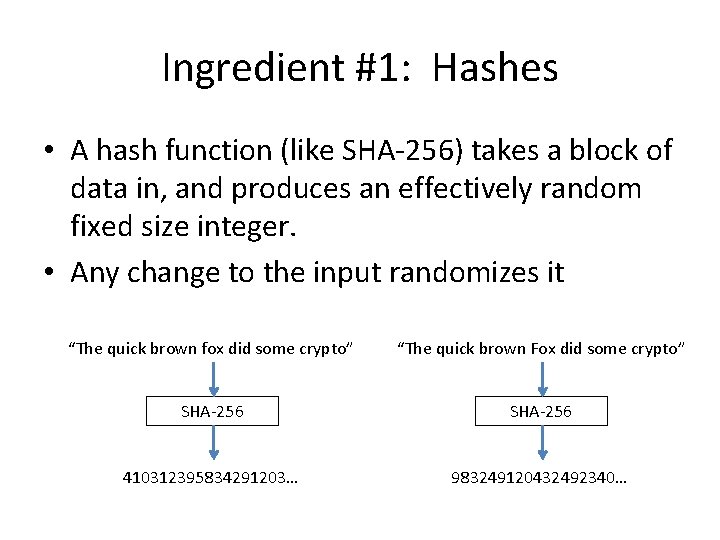 Ingredient #1: Hashes • A hash function (like SHA-256) takes a block of data