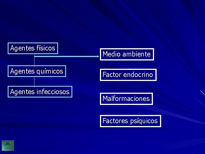 Agentes físicos Agentes químicos Agentes infecciosos Medio ambiente Factor endocrino Malformaciones Factores psíquicos 