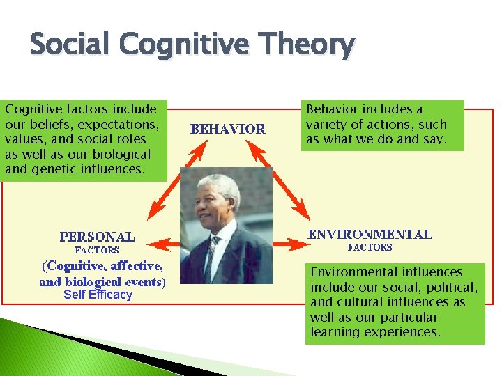 Social Cognitive Theory Cognitive factors include our beliefs, expectations, values, and social roles as