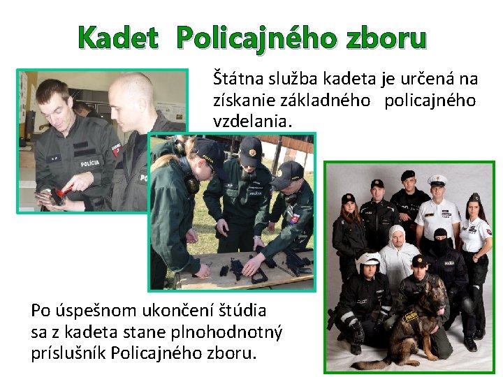 Kadet Policajného zboru Štátna služba kadeta je určená na získanie základného policajného vzdelania. Po