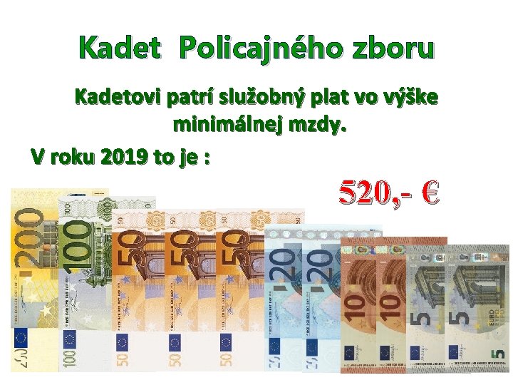Kadet Policajného zboru Kadetovi patrí služobný plat vo výške minimálnej mzdy. V roku 2019