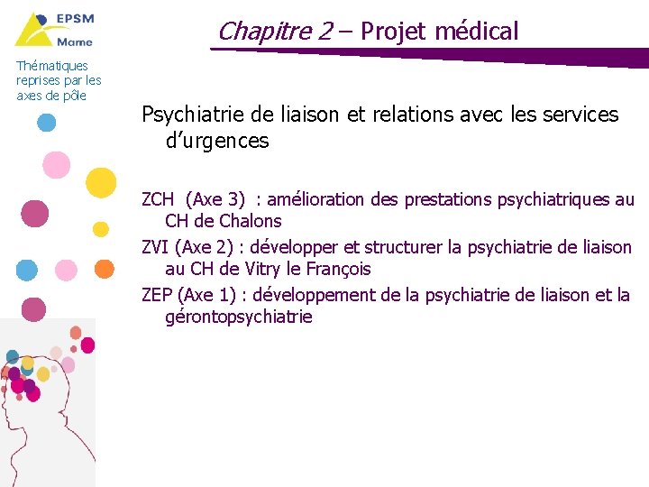 Chapitre 2 – Projet médical Thématiques reprises par les axes de pôle Psychiatrie de