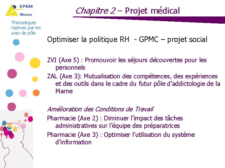 Chapitre 2 – Projet médical Thématiques reprises par les axes de pôle Optimiser la