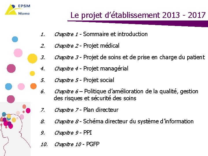 Le projet d’établissement 2013 - 2017 1. Chapitre 1 - Sommaire et introduction 2.