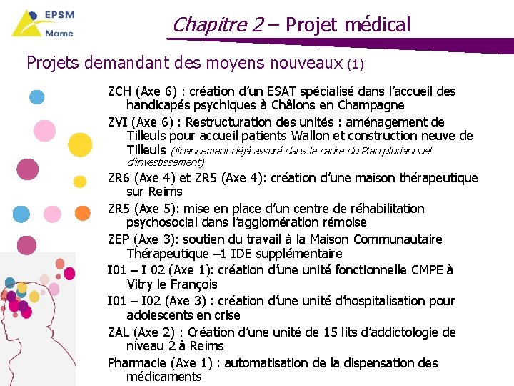 Chapitre 2 – Projet médical Projets demandant des moyens nouveaux (1) ZCH (Axe 6)