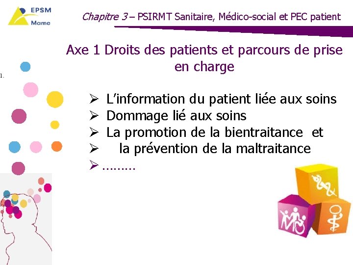 1. Chapitre 3 – PSIRMT Sanitaire, Médico-social et PEC patient Axe 1 Droits des
