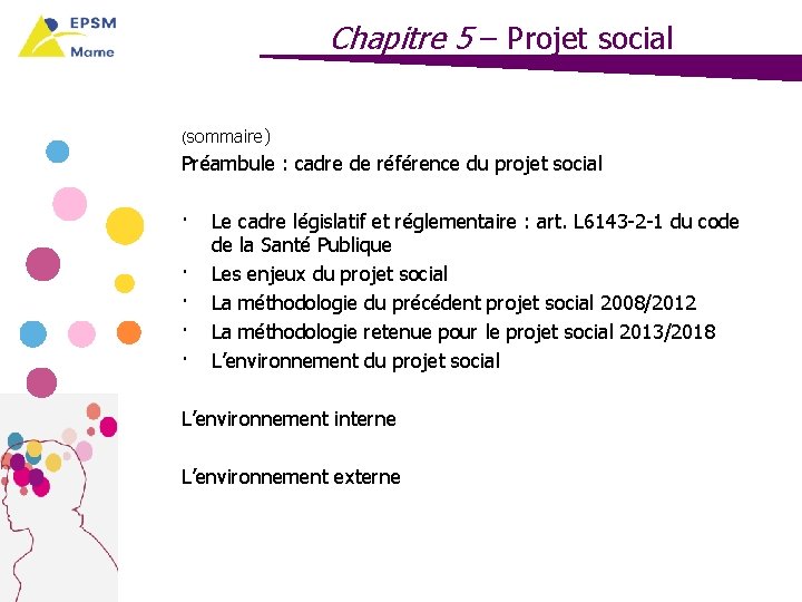 Chapitre 5 – Projet social (sommaire) Préambule : cadre de référence du projet social