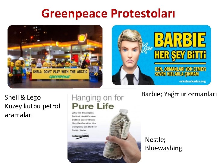 Greenpeace Protestoları Shell & Lego Kuzey kutbu petrol aramaları Barbie; Yağmur ormanları Nestle; Bluewashing