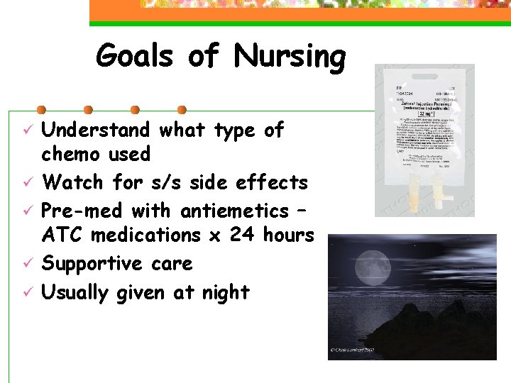 Goals of Nursing ü ü ü Understand what type of chemo used Watch for