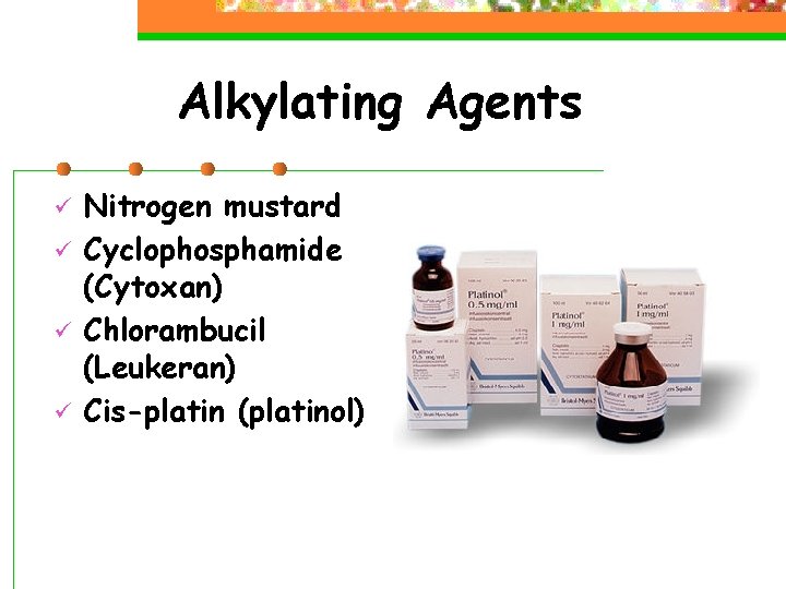 Alkylating Agents ü ü Nitrogen mustard Cyclophosphamide (Cytoxan) Chlorambucil (Leukeran) Cis-platin (platinol) 