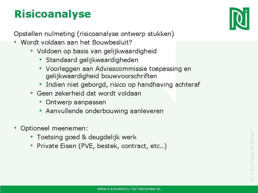 Risicoanalyse Opstellen nulmeting (risicoanalyse ontwerp stukken) • Wordt voldaan het Bouwbesluit? • Voldoen op