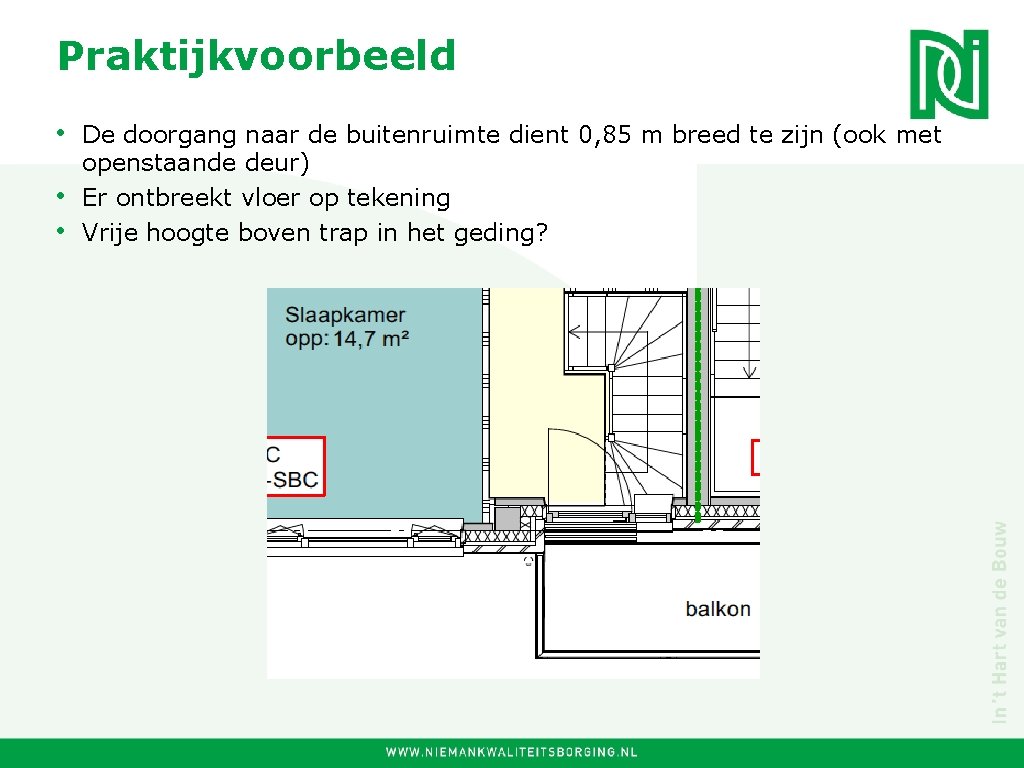 Praktijkvoorbeeld • De doorgang naar de buitenruimte dient 0, 85 m breed te zijn