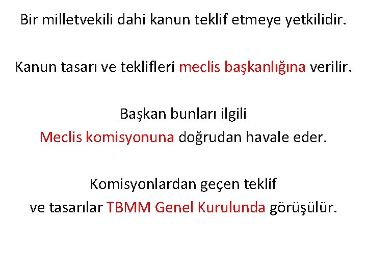 Bir milletvekili dahi kanun teklif etmeye yetkilidir. Kanun tasarı ve teklifleri meclis başkanlığına verilir.