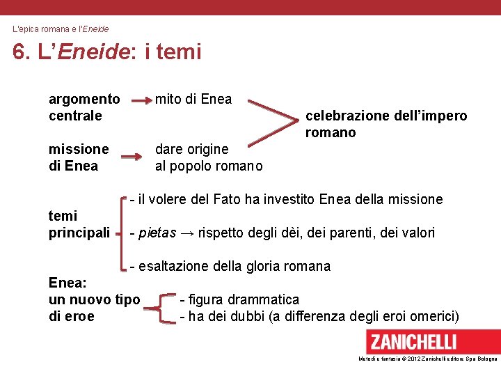 L’epica romana e l’Eneide 6. L’Eneide: i temi argomento centrale mito di Enea missione