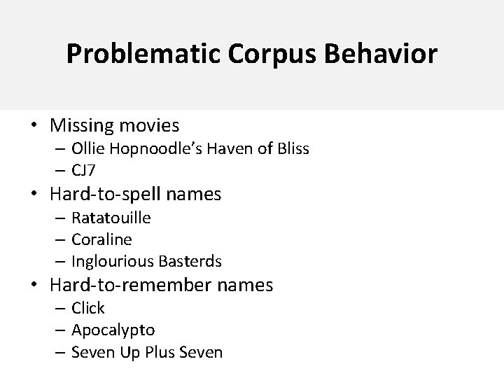 Problematic Corpus Behavior • Missing movies – Ollie Hopnoodle’s Haven of Bliss – CJ