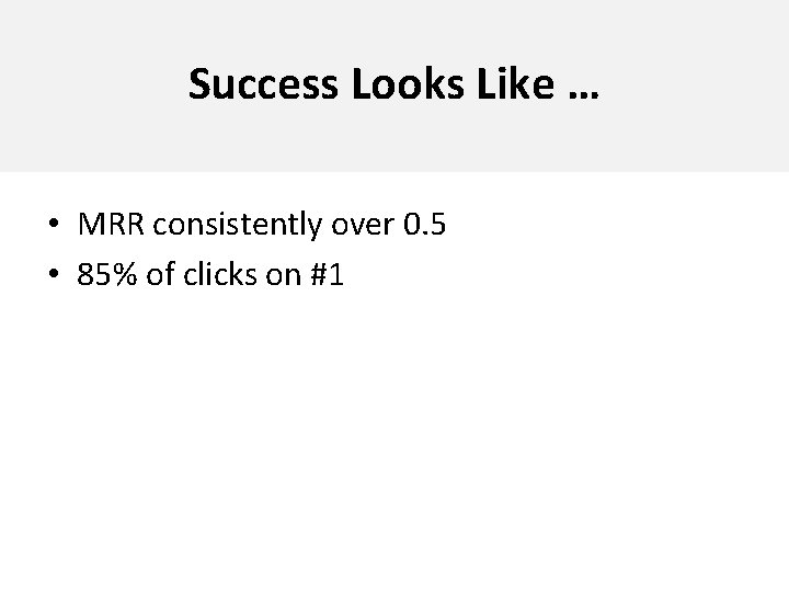 Success Looks Like … • MRR consistently over 0. 5 • 85% of clicks