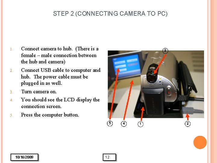 STEP 2 (CONNECTING CAMERA TO PC) 1. Connect camera to hub. (There is a