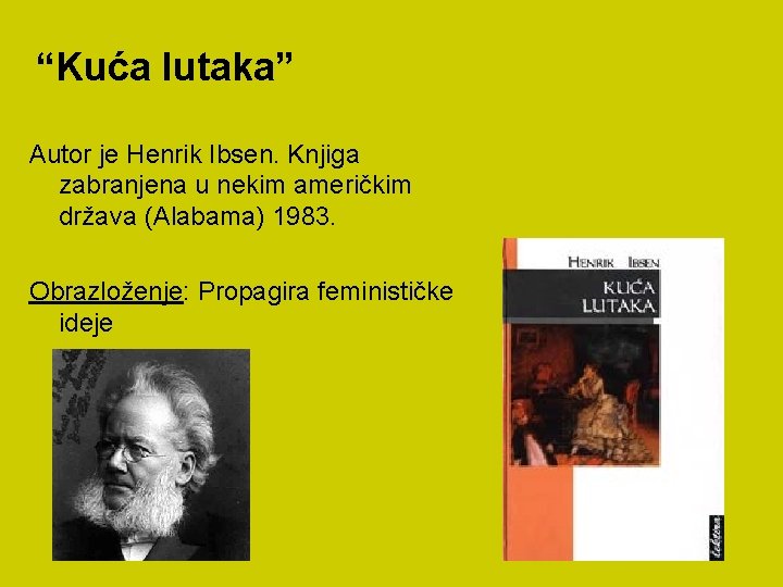 “Kuća lutaka” Autor je Henrik Ibsen. Knjiga zabranjena u nekim američkim država (Alabama) 1983.