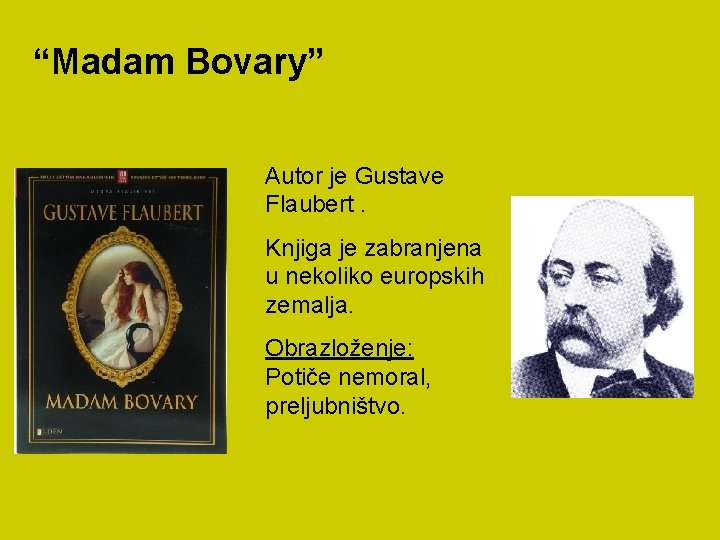“Madam Bovary” Autor je Gustave Flaubert. Knjiga je zabranjena u nekoliko europskih zemalja. Obrazloženje: