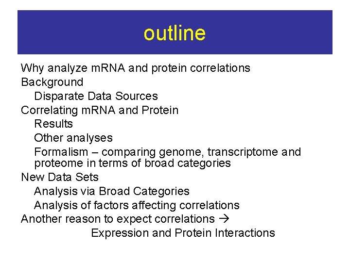 outline Why analyze m. RNA and protein correlations Background Disparate Data Sources Correlating m.