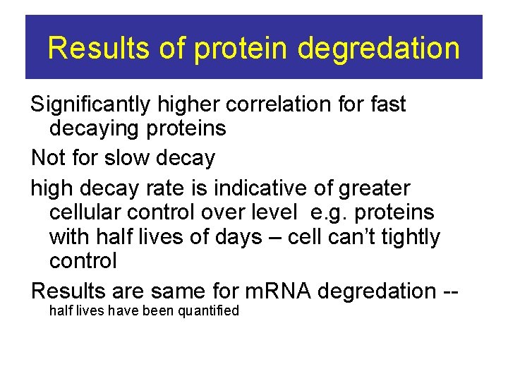 Results of protein degredation Significantly higher correlation for fast decaying proteins Not for slow