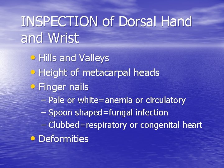 INSPECTION of Dorsal Hand Wrist • Hills and Valleys • Height of metacarpal heads