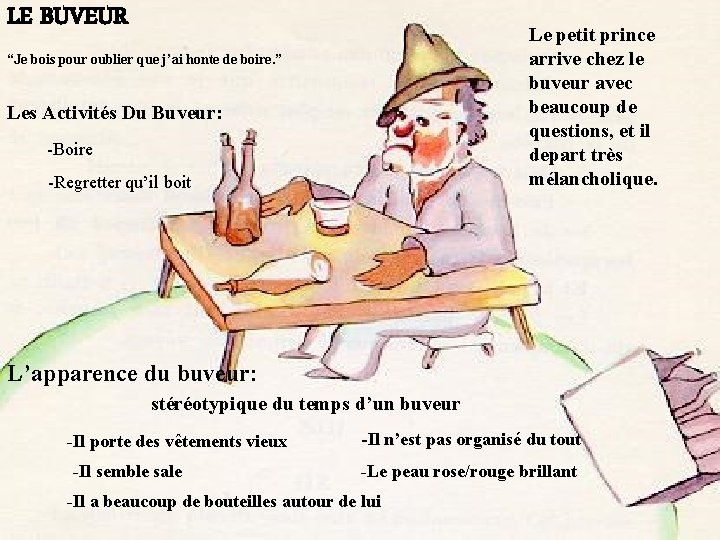 LE BUVEUR Le petit prince arrive chez le buveur avec beaucoup de questions, et